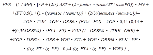 PER = (1 / MP)· [3P + (2/3) AST + (2 - factor·(teamAST / teamFG))·FG + +(FT 0.5(1 +(1 - (teamAST / teamFG)) + (2/3)(teamAST / teamFG)))–
–VOP·TOV– VOP·DRB%·(FGA– FG) – VOP·0,44 (0,44 + +(0,56DRB%))·(FTA - FT) + VOP (1 - DRB%)· (TRB - ORB) + 
+VOP·DRB% ·ORB + VOP·STL + VOP·DRB%·BLK - PF·
·((lg_FT / lg_PF) – 0,44 (lg_FTA / lg_PF) ·VOP) ] ,
