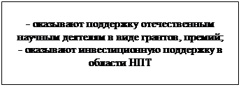 Подпись: - оказывают поддержку отечественным научным деятелям в виде грантов, премий;
- оказывают инвестиционную поддержку в области НПТ 
