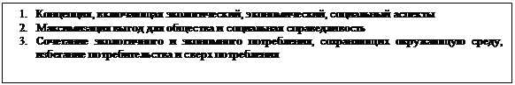 Подпись: 1.	Концепция, включающая экологический, экономический, социальный аспекты
2.	Максимизация выгод для общества и социальная справедливость 
3.	Сочетание экологичного и экономного потребления, сохраняющих окружающую среду, избегание потребительства и сверх потребления







