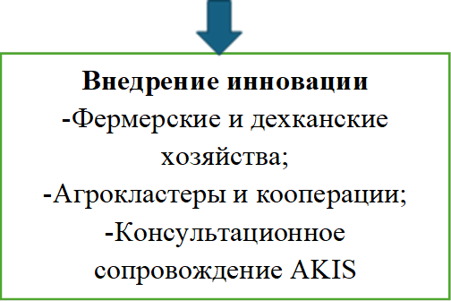 Внедрение инновации
-Фермерские и дехканские хозяйства;
-Агрокластеры и кооперации;
-Консультационное сопровождение AKIS
