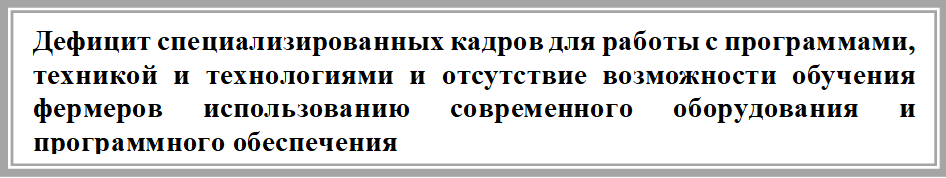 Дефицит специализированных кадров для работы с программами, техникой и технологиями и отсутствие возможности обучения фермеров использованию современного оборудования и программного обеспечения