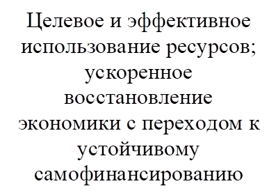 Целевое и эффективное использование ресурсов; ускоренное восстановление экономики с переходом к устойчивому самофинансированию